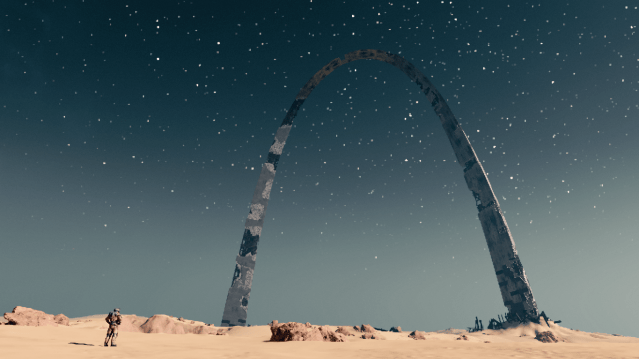 Starfield player admiring with hands on their hips the Gateway Arch monument ruins on Earth.