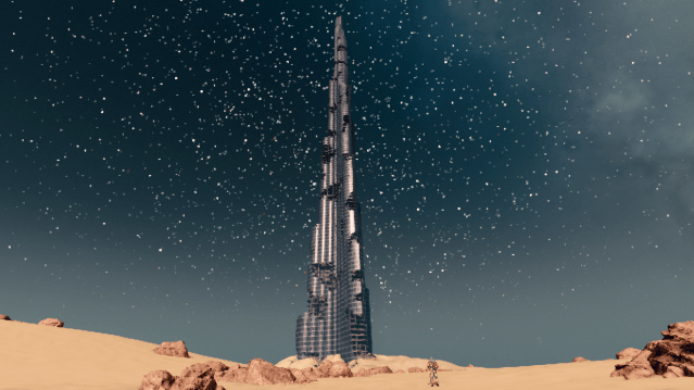 Starfield player looking at the Burj Khalifa skyscraper ruins on Earth.