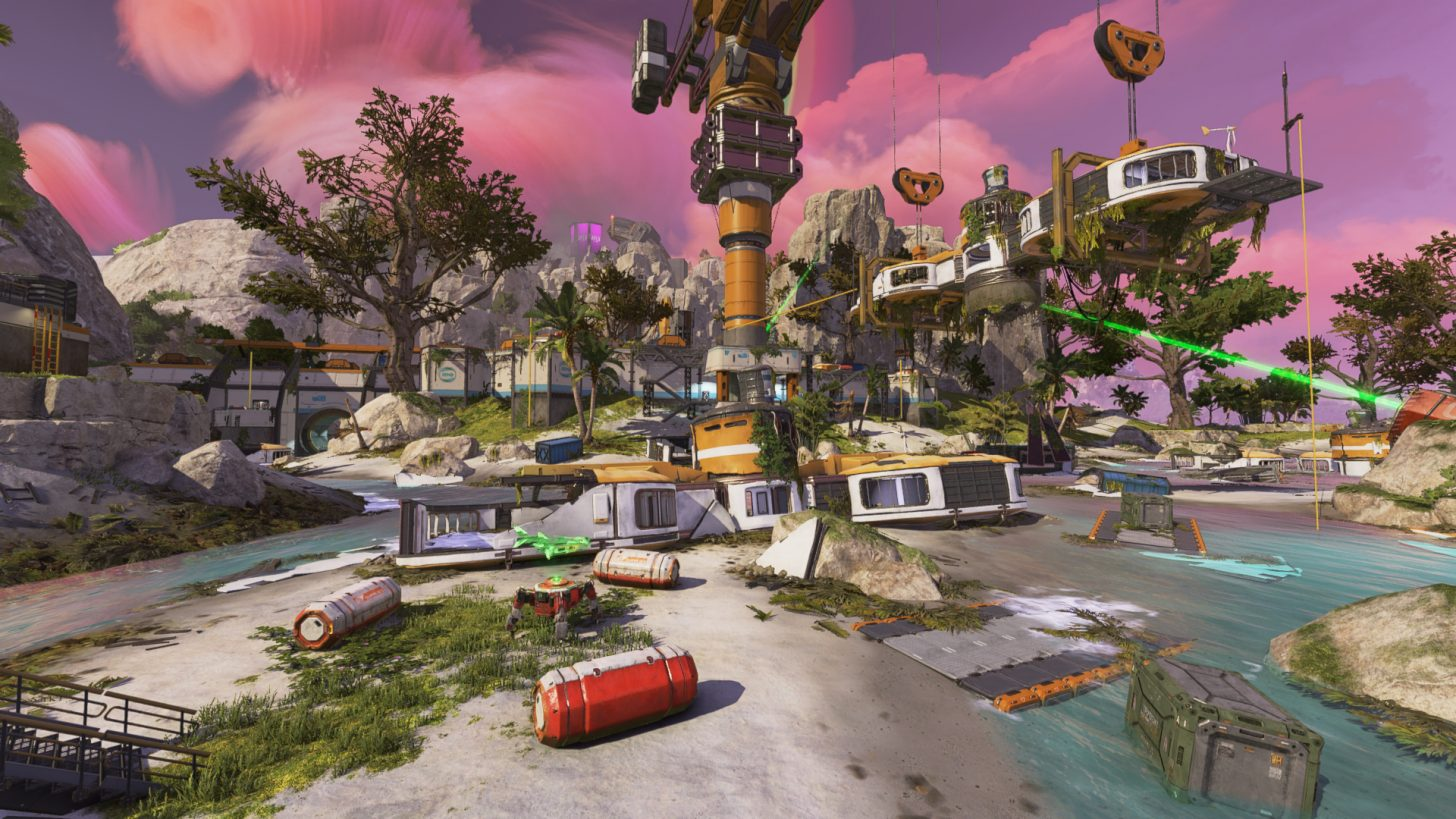 A screenshot of the new POI, Devastated Coast, in Apex Legends' map Storm Point.