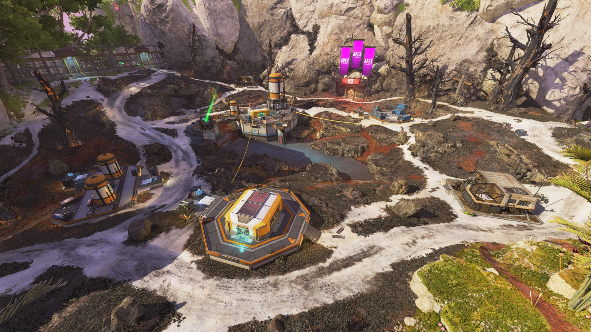 A screenshot of the re-worked Forbidden Zone POI on Apex Legends' Storm Point map.