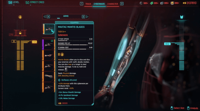 The MaxTac Mantis Blades stats in Cyberpunk 2077