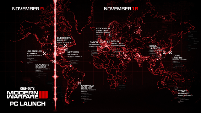 A map showing launch time for MW3 across the world.