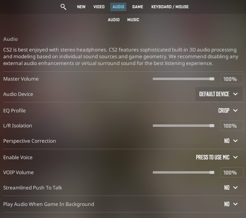 Screenshot of the audio settings screen for Counter-Strike 2.