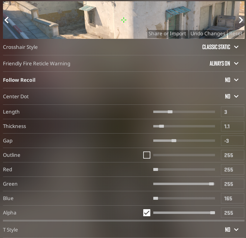 Screenshot of the crosshair settings for Counter-Strike 2.