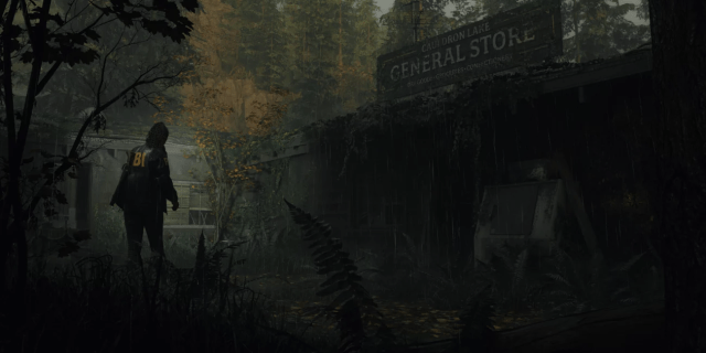 Saga is walking near the entrance of a abandoned General Store in Alan Wake 2.
