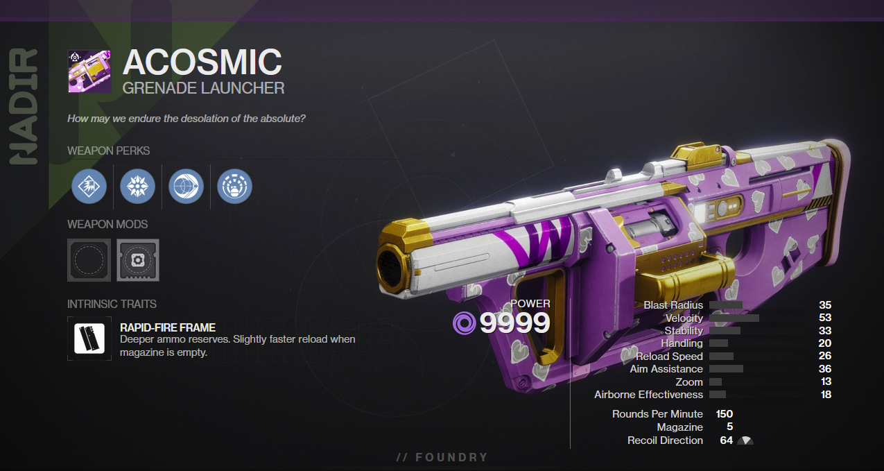 The Acosmic grenade launcher from Destiny 2, listed with its best perks and stats.