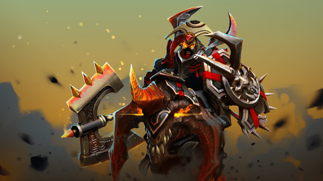 A knight in red and black armor holding a shield and an axe rides in on a war horse in Dota 2.