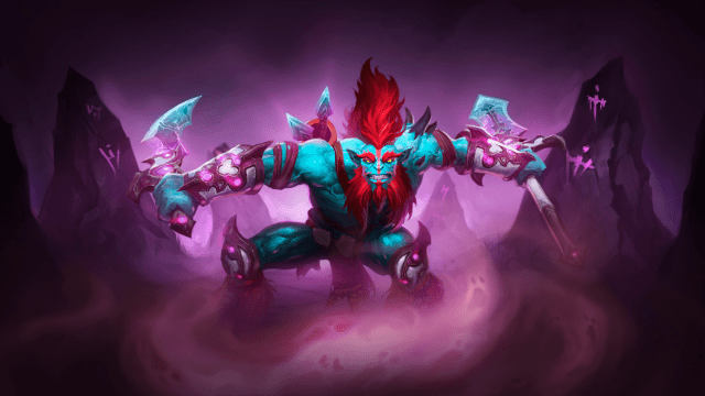 Huskar, a shirtless goblin, wields a spear and dagger while surrounded by pink mist in Dota 2.