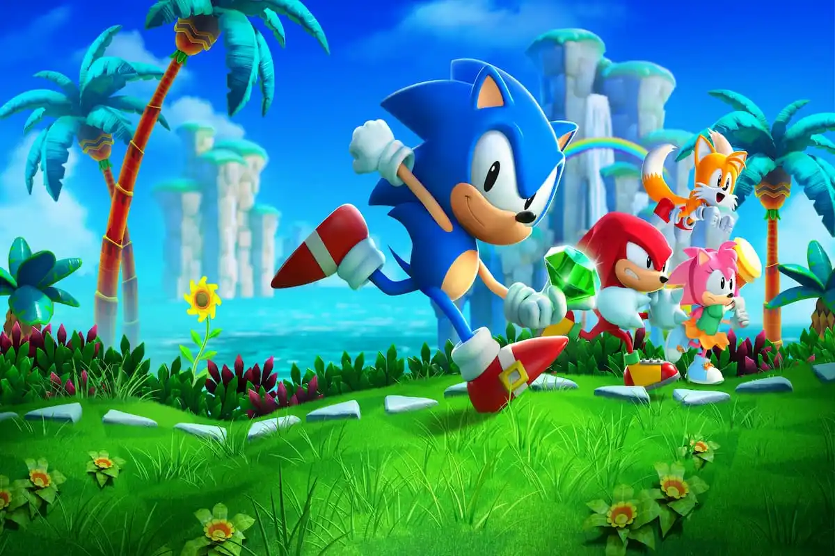 Sonic, Tails, Knuckles and Amy Rose running over a grassy field