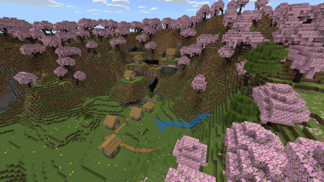 A Minecraft village surrounded by Cherry Blossom Trees.