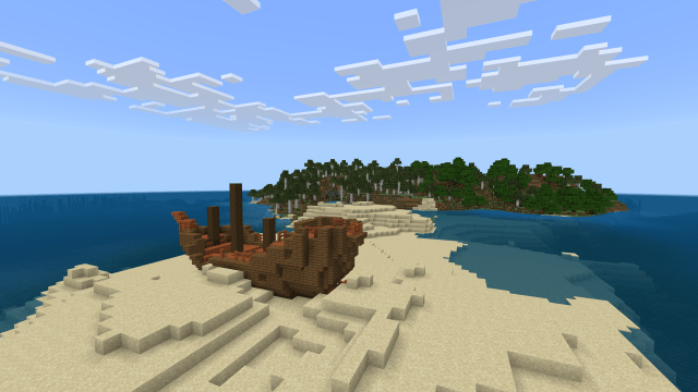 Screenshot of a landbased shipwreck in Minecraft.