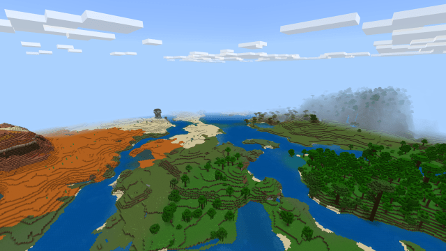 A screenshot of four different Minecraft biomes merged into one location.