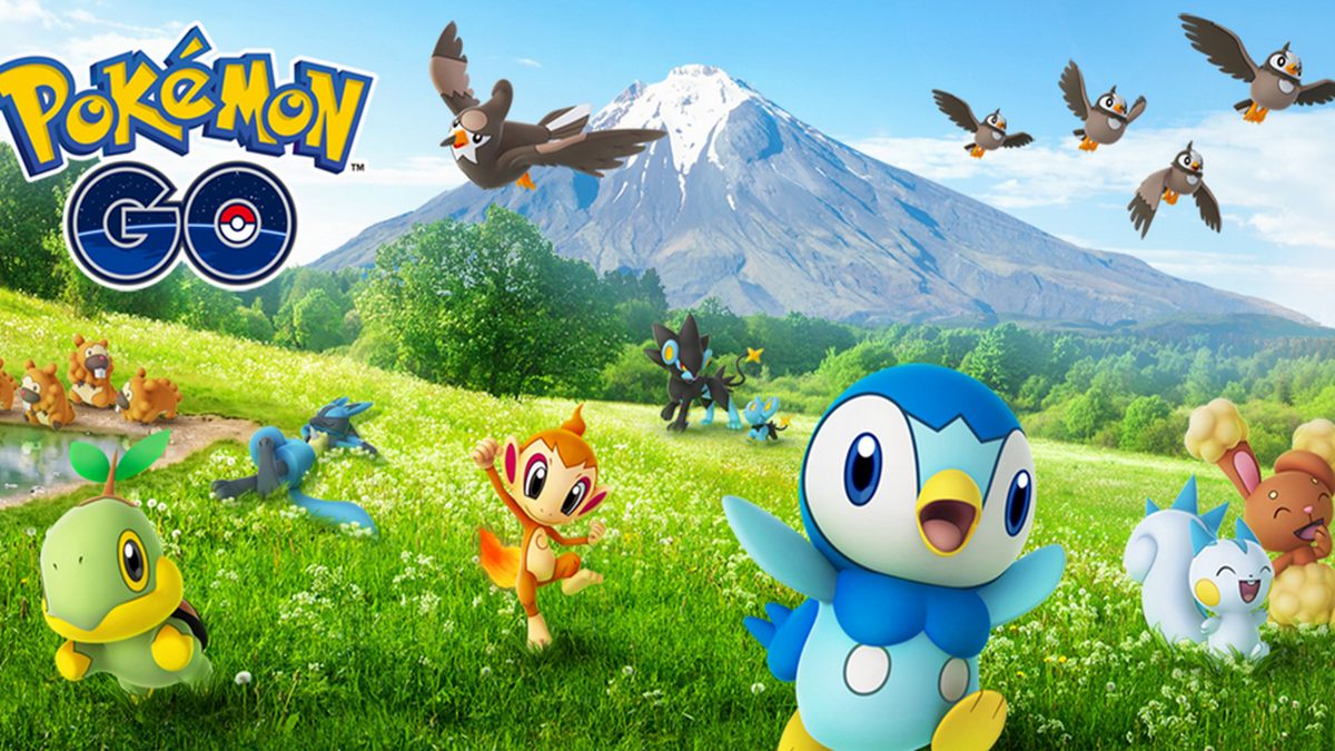 Pokémon species from the Sinnoh region running towards the screen in a field.