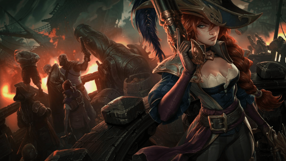Miss Fortune from League of Legends in her Captain Fortune skin. She's holding a pistol in each hand and looks like she's here for business.