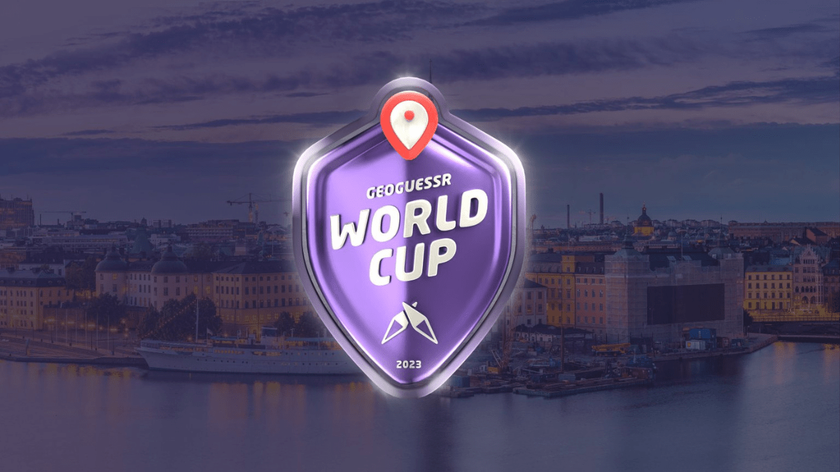 GeoGuessr World Cup 2023 logo, over a darkened background of a city