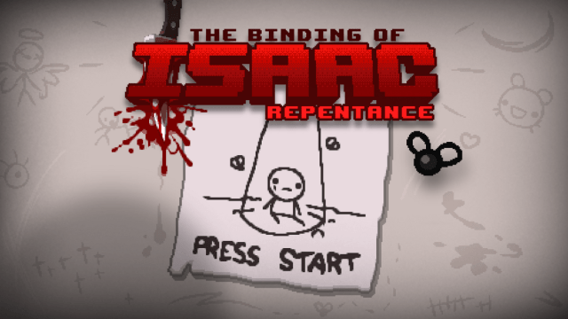 The Binding of Isaac Repentance DLC title screen. A young boy is sitting in a beam of light, a single tear streaming down his face. He's got a couple of flies surrounding him. The text is bright red and there's a knife impaled in the wall, surrounded by blood.