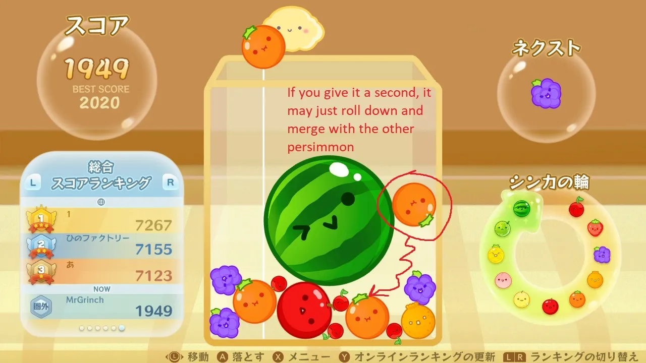 Showing how a fruit may roll by itself in Suika Game