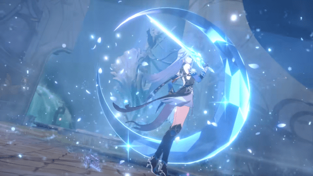 Jingliu brandishing her sword as Ice circles her.
