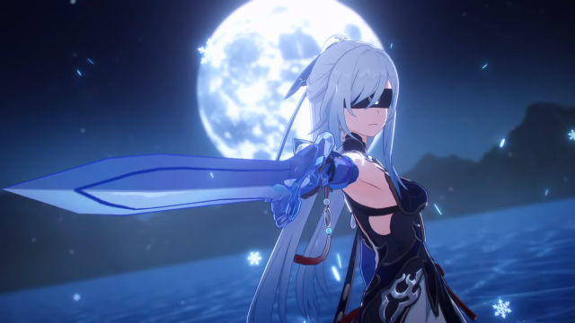 Jingliu standing in front of a full moon and pointing her sword at the camera.