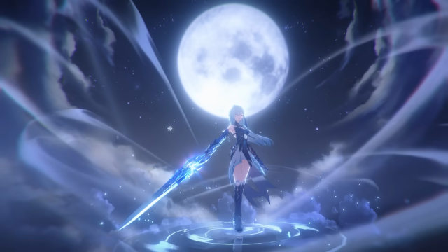 Jingliu standing ready with her sword in front of a full moon.