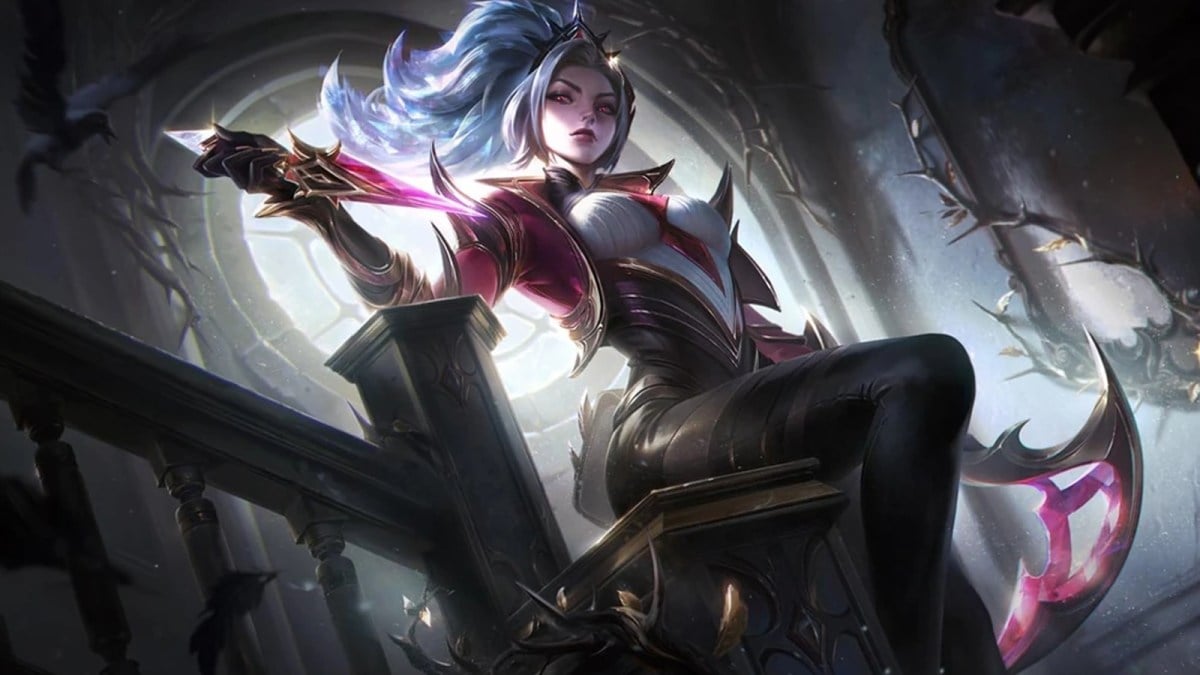 Prestige Coven Akali leans back against the top of a stairway in League of Legends.