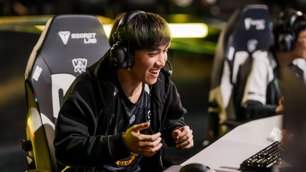 Levi, a GAM Esports player, celebrates on stage at League of Legends World Championships.