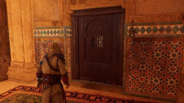 Assassin's Creed Mirage's Basim stands in front of a barred door.