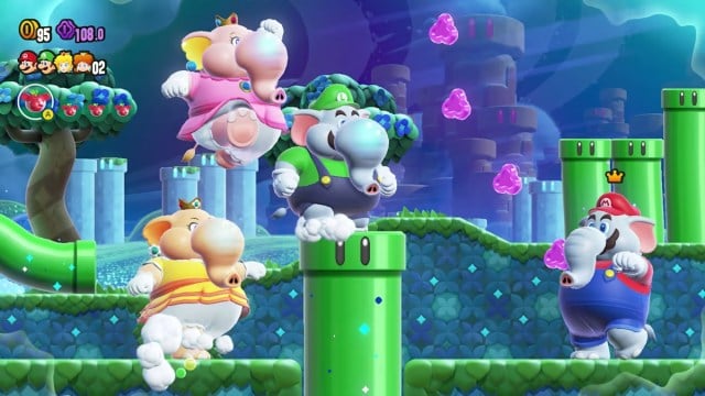 Mario, Luigi, Peach, and Daisy in their elephant forms in Mario Wonder.