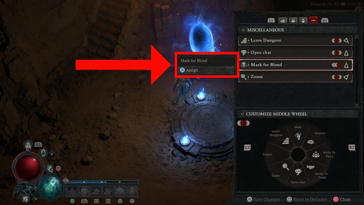 activating mark for blood in miscellaneous tab menu diablo 4