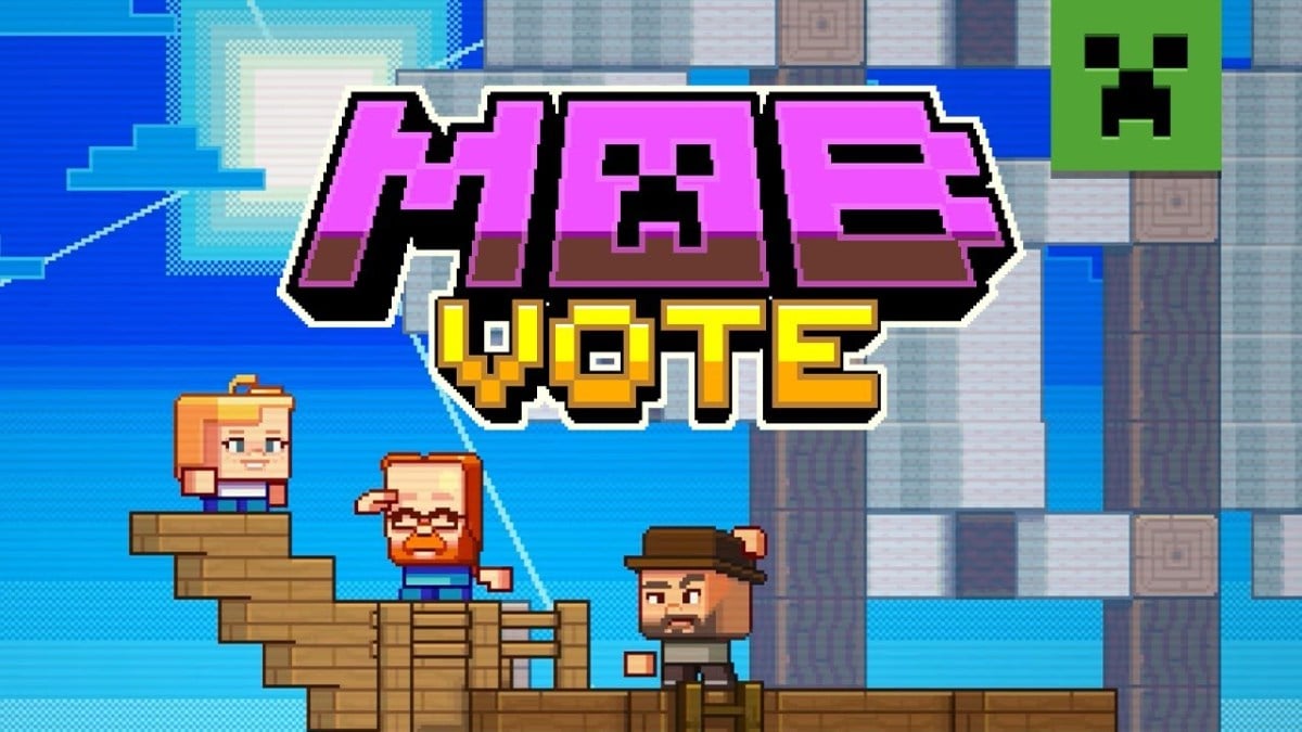 Three Minecraft players standing on a boat under the mob vote logo.