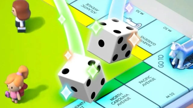 Dice shown in Monopoly Go above the board, with two characters in the middle section.