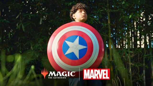 MTG and Marvel announcement image with Captain America's shield