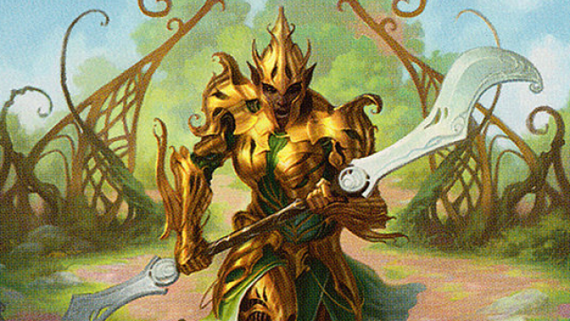 A golden-armored woman with a two-sided glaive walks forward in defense of a golden arch before a druid glaive in MtG.