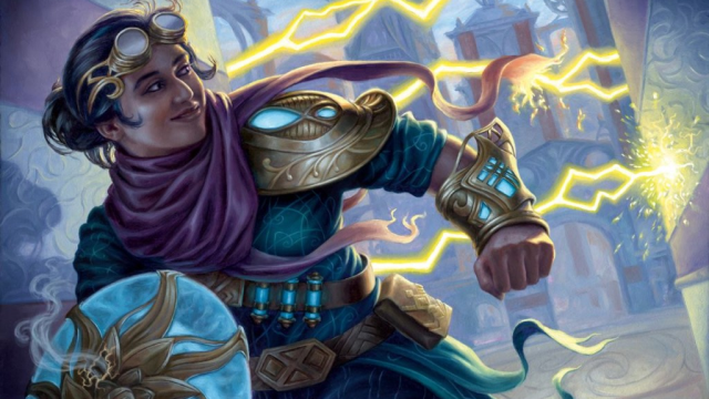 A woman wearing futuristic armor and holding an energy shield bails down an alleyway while electric bolts follow her in MtG.