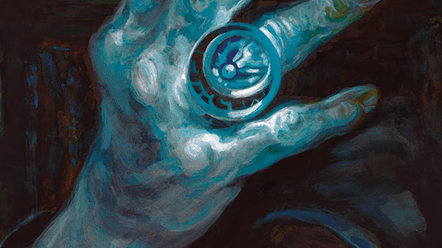 A blue hand supports a deep blue ring, holding an arcane symbol, in a black void of MtG.