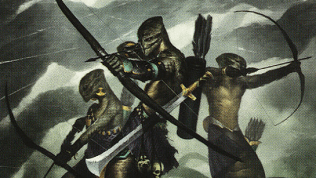 A trio of green, scaled men with snake tails for legs sit in the trees, armed with longbows in MtG.