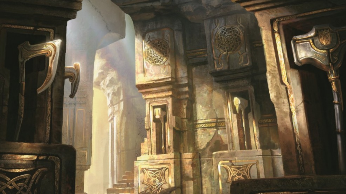 A yellow-tinged armory, filled with pillars that hold axes and hammers, has a light shone on it in MtG.