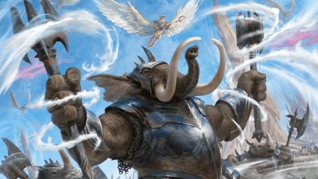 An elephant humanoid with two large maces surrounded in wind sings to avian warriors and fellow elephant fighters in MtG.