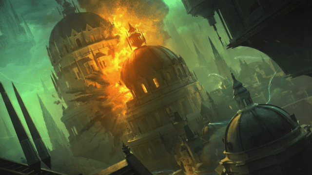 A domed building in a murky town explodes into flame in MtG.