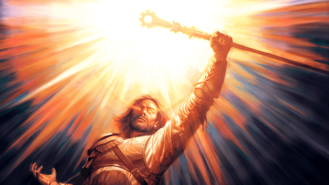 A man with long hair holds a staff up in the air, a gleaming light coming from the top of it in MtG.