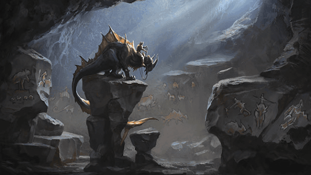 A gargoyle sits in an otherwise dark cave in MtG, filled with stone structures that serve as stepping stones.
