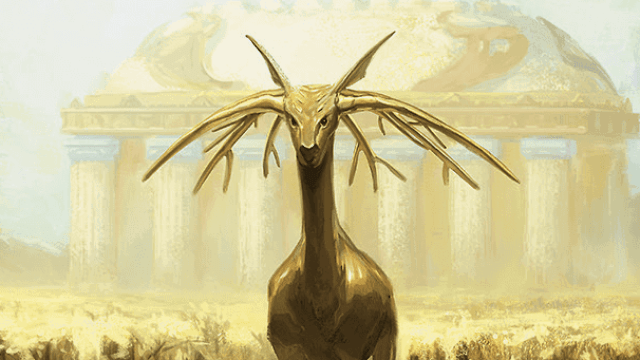 A golden, constructed elk with six antlers and two horns sits before a golden field and ancient temple in MtG.