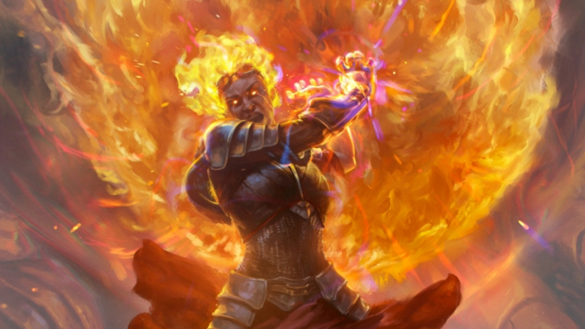 A woman with flaming hair and leather armor prepares to hurl a massive fireball at the viewer in MtG.