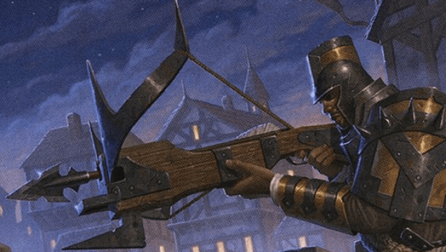 A cylindrically-hatted solider with metallic armor sits on a town wall, holding a very large crossbow in MtG.