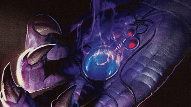 A purple demonic claw holds a glowing blue and red amulet in MtG.
