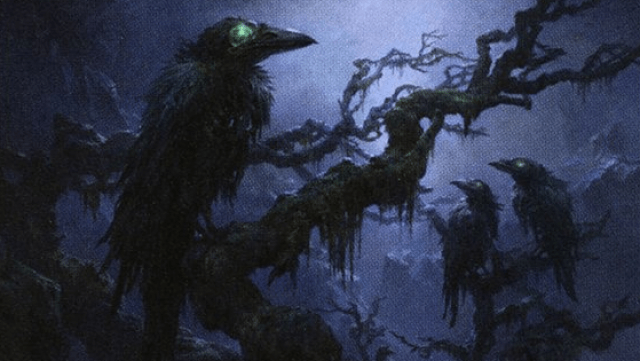Three crows with green, glowing eyes sit on branches of pure darkness in MtG.