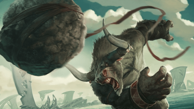 A large bull-like man hurls a rock with a string on the end of it in MtG.