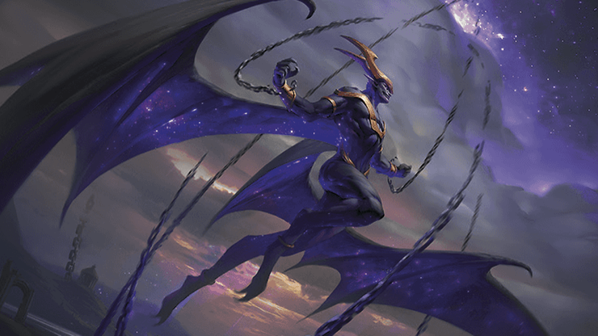 A humanoid with long horns, ink skin, and a pair of large wings flies towards a purple sky, streaks of darkness impacting the ground under it, in MtG.