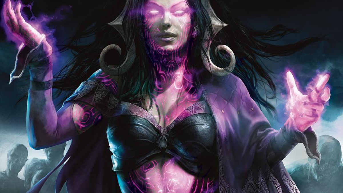 A woman with an open black robe, long black hair, and glowing purple eyes and hands looks at the viewer in MtG.