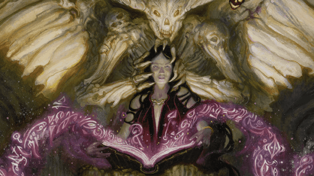A woman reads from a book that spills with purple script as a white, goat-headed humanoid clutches the sides of her head in MtG.